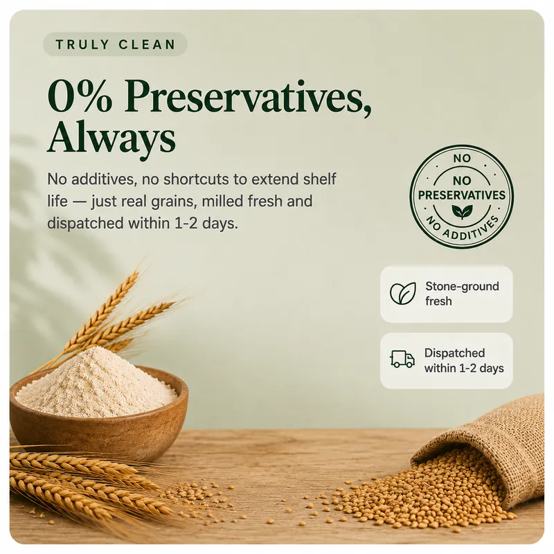 Zero preservatives, always. Milled fresh and dispatched within 1 to 2 days